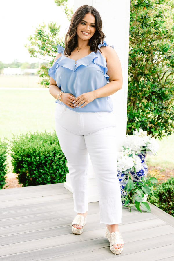 Chic Soul plus size clothing, light blue flowy tank with ruffles across neckline and flutter sleeves