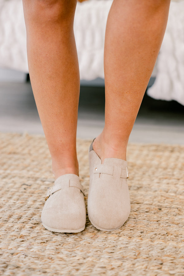 Chic Soul plus size clothing, sand colored mules with gold buckle accents 