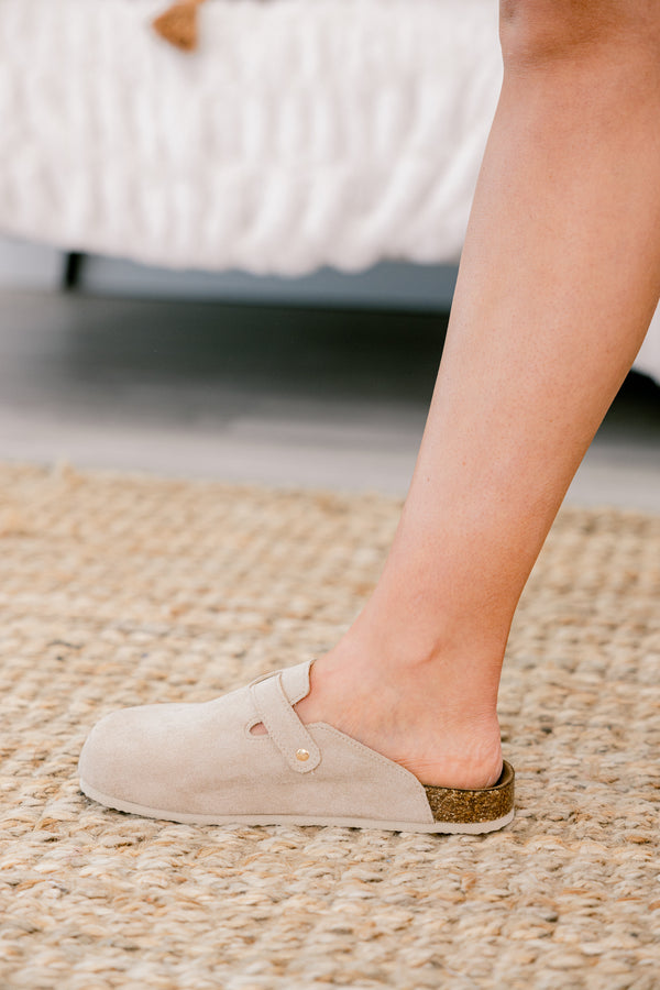 Chic Soul plus size clothing, sand colored mules with gold buckle accents 