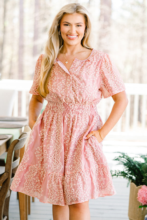 Chic Soul plus size clothing, short-sleeve pink ruffled dress with a smocked waistline and a button-down-neckline with an off-white eyelet pattern