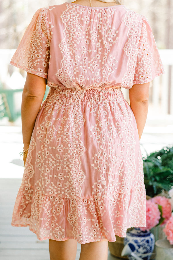 Chic Soul plus size clothing, short-sleeve pink ruffled dress with a smocked waistline and a button-down-neckline with an off-white eyelet pattern