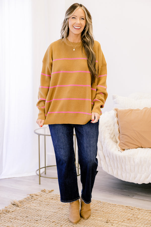 Chic Soul plus size clothing, brown long sleeve knit sweater with thin horizontal pink stripes