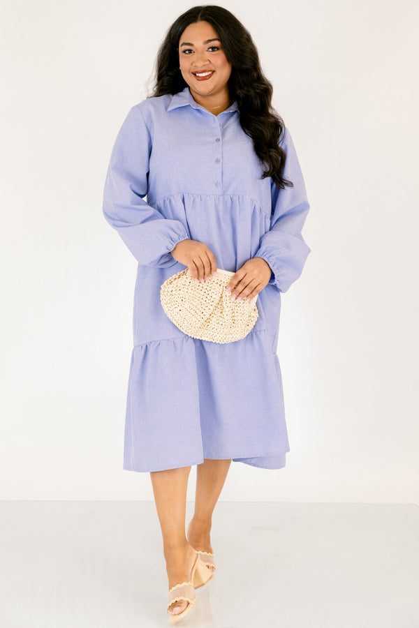 Chic Soul plus size clothing, chambray colored tiered midi dress with long bubble sleeves and buttons going down the center of the chest to the bottom of the chest as well as a collar 