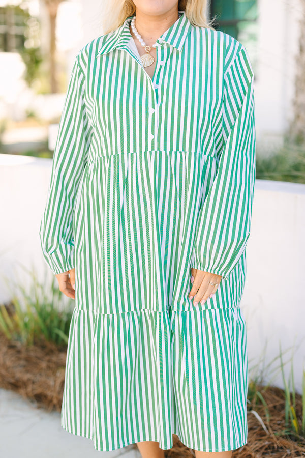 Chic Soul plus size clothing, kelly green striped midi dress with three tiers as well has half sleeves and buttons that go to the bottom of the chest area 