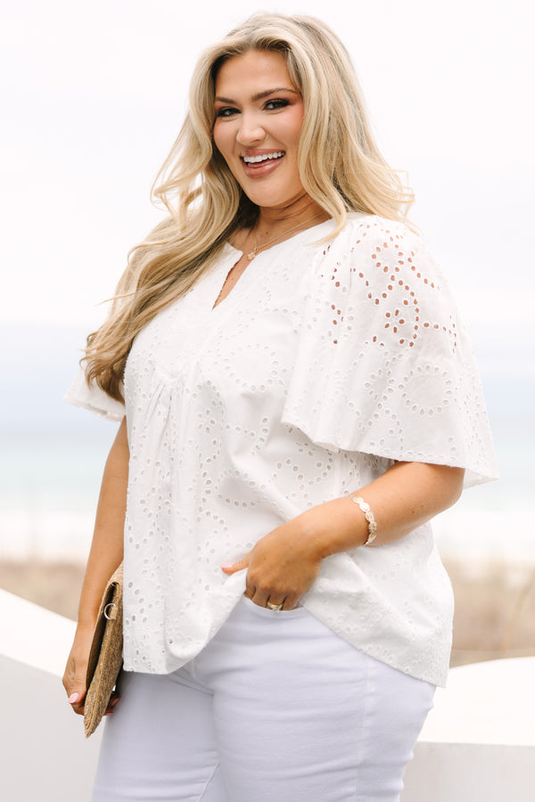 Chic Soul plus size clothing, white top with bell sleeves a slight v-neckline and eyelet material throughout 