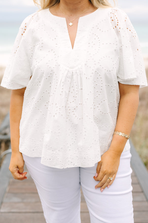 Chic Soul plus size clothing, white top with bell sleeves a slight v-neckline and eyelet material throughout 