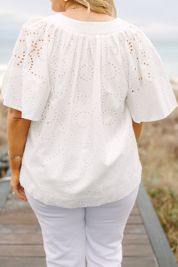 Chic Soul plus size clothing, white top with bell sleeves a slight v-neckline and eyelet material throughout 