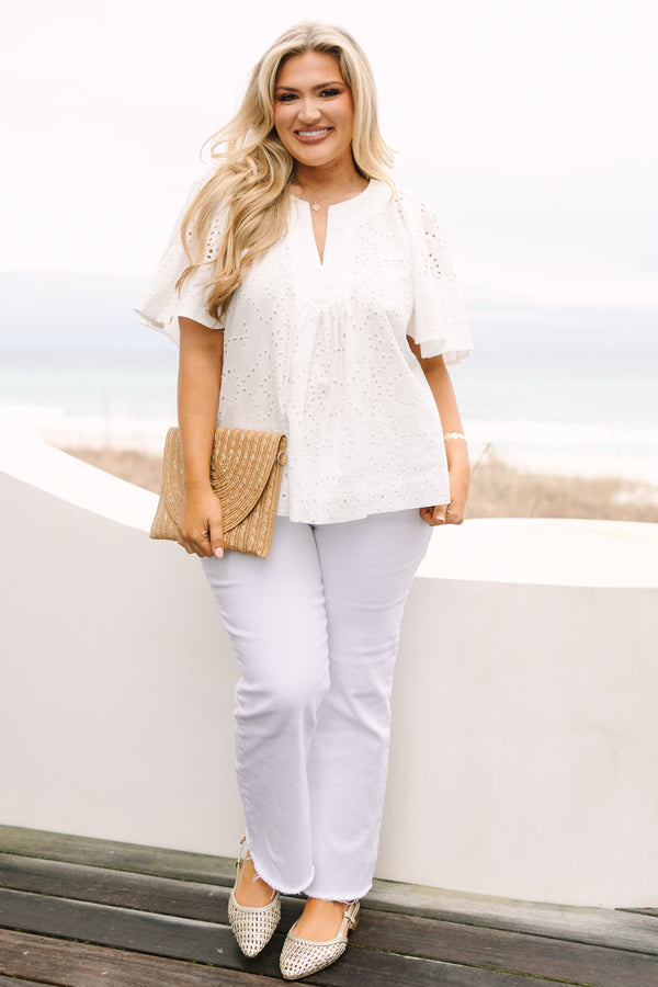 Chic Soul plus size clothing, white top with bell sleeves a slight v-neckline and eyelet material throughout 