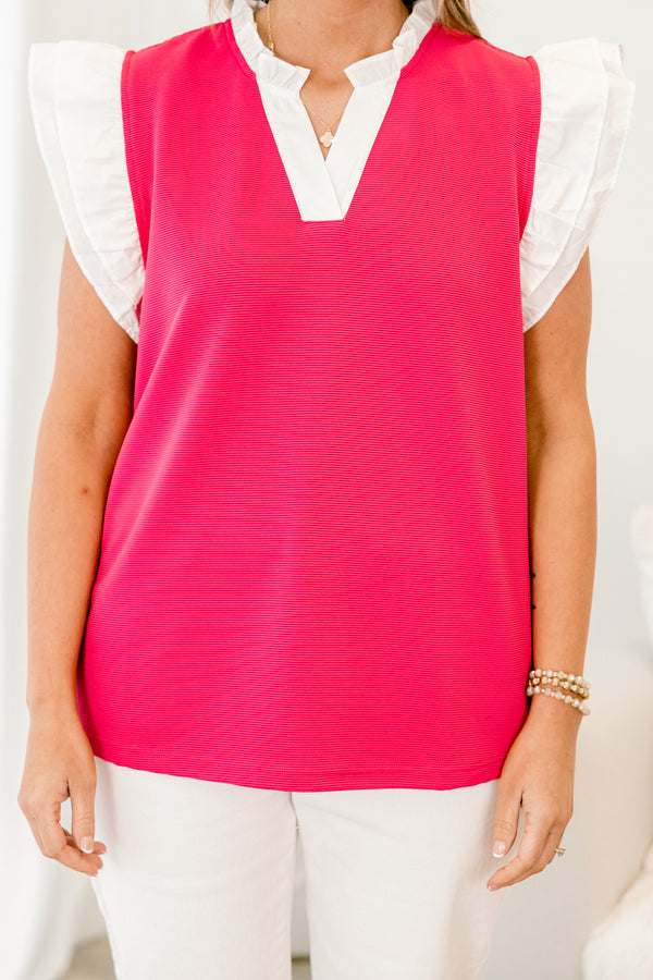 Chic Soul plus size clothing, pink short sleeve ribbed top with v neckline with ruffle sleeves with white outline along neckline and sleeves