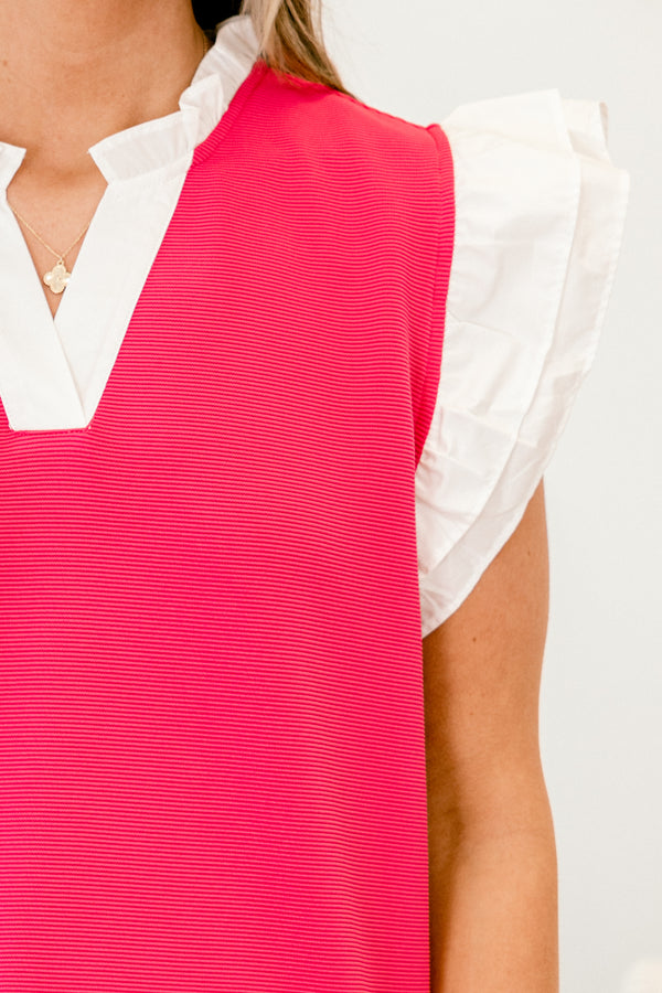 Chic Soul plus size clothing, pink short sleeve ribbed top with v neckline with ruffle sleeves with white outline along neckline and sleeves