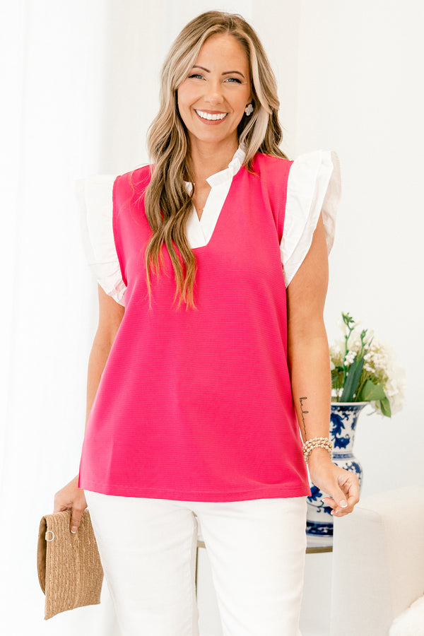 Chic Soul plus size clothing, pink short sleeve ribbed top with v neckline with ruffle sleeves with white outline along neckline and sleeves