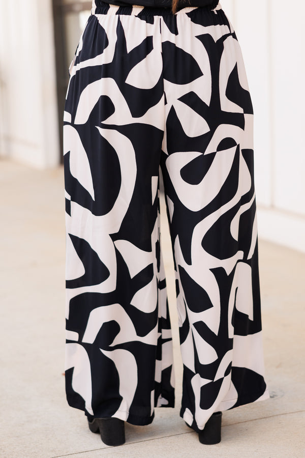 Chic Soul plus size clothing, black and neutral abstract pattern flowy pants