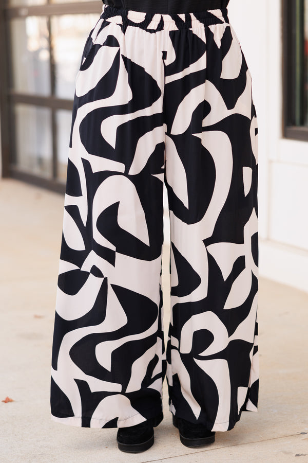 Chic Soul plus size clothing, black and neutral abstract pattern flowy pants