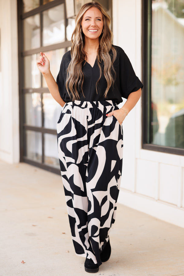 Chic Soul plus size clothing, black and neutral abstract pattern flowy pants