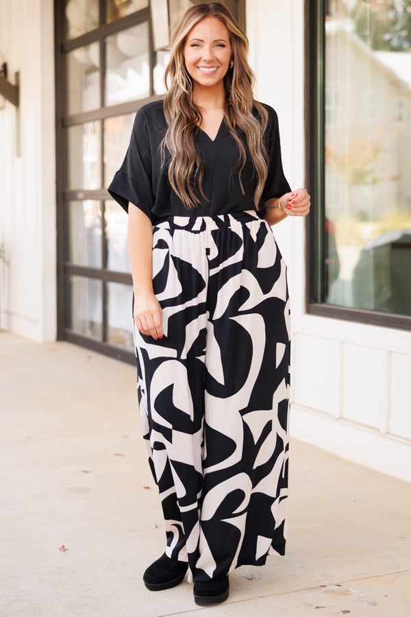 Chic Soul plus size clothing, black and neutral abstract pattern flowy pants