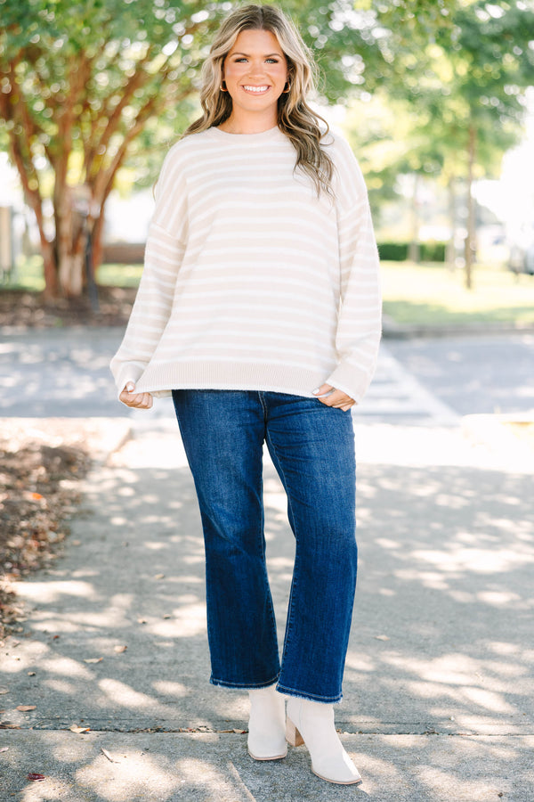 Plus size cream and white striped Made To Relax Sweater with a cozy, oversized fit.