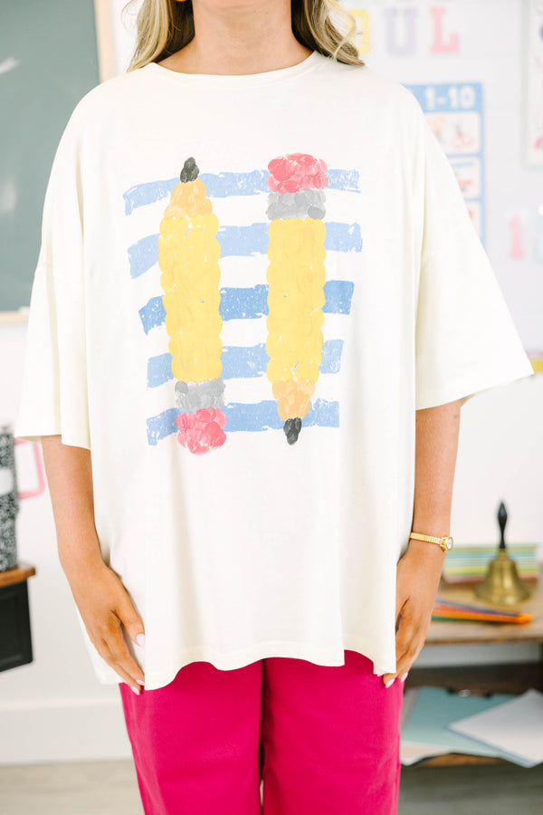 Plus size ivory oversized boyfriend tee with a pencil graphic 