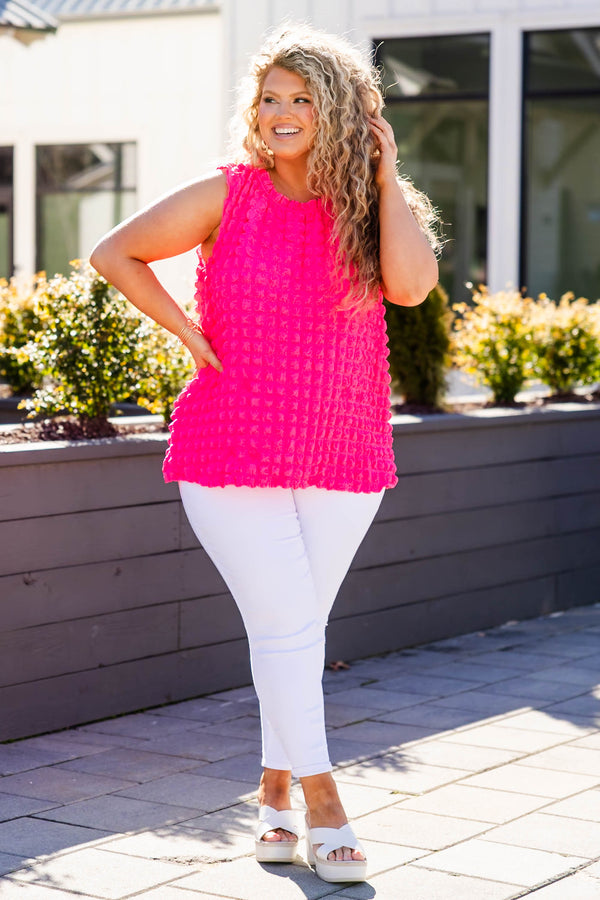 Chic Soul plus size clothing, Solid hot pink tank top with lifted geometric square print