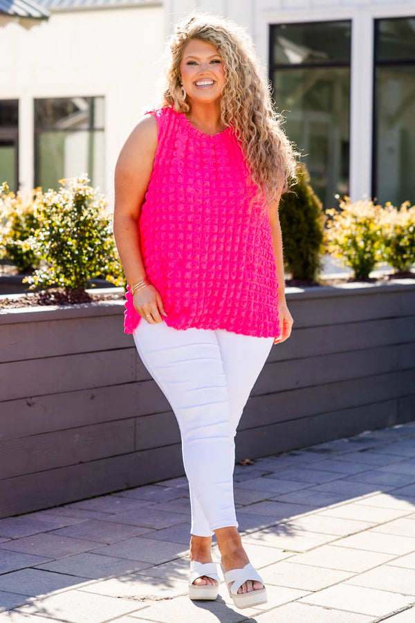 Chic Soul plus size clothing, Solid hot pink tank top with lifted geometric square print