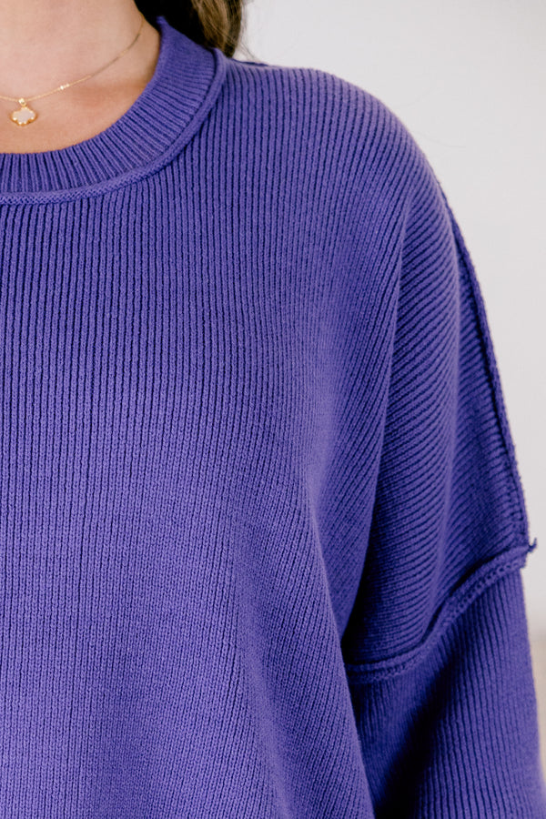 Chic Soul plus size clothing, dark purple long sleeve knit oversized crew neck sweater