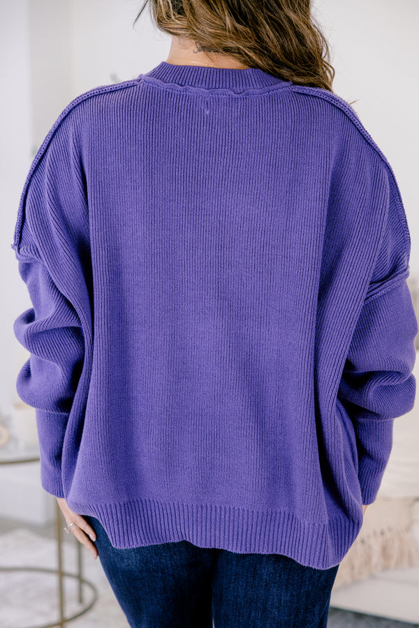Chic Soul plus size clothing, dark purple long sleeve knit oversized crew neck sweater
