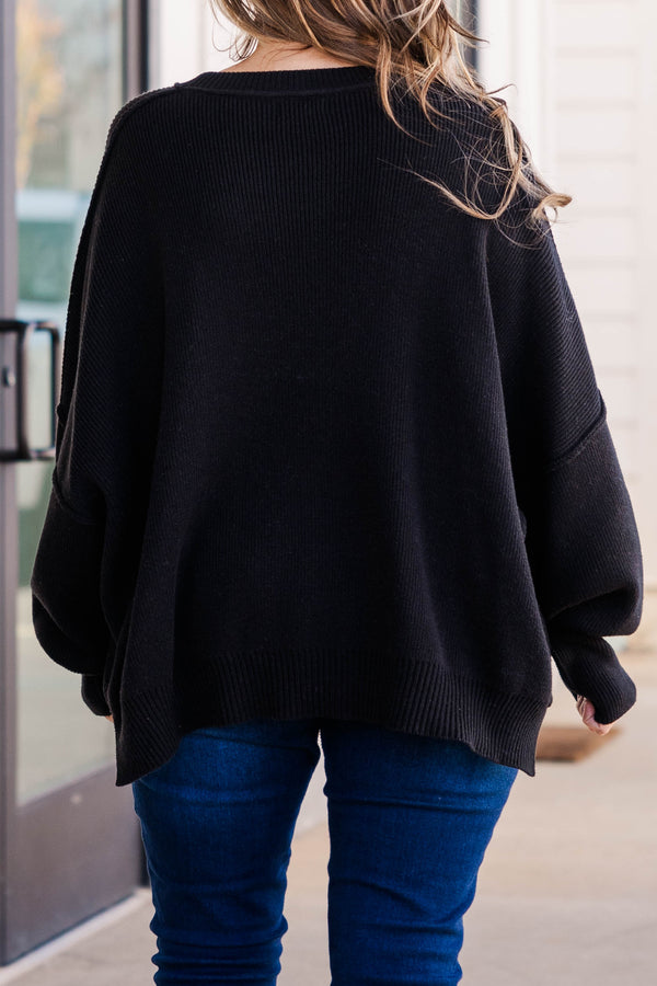 Chic Soul plus size clothing, black sweater regular length, longer on the sides chunky sweater with outward seamlines