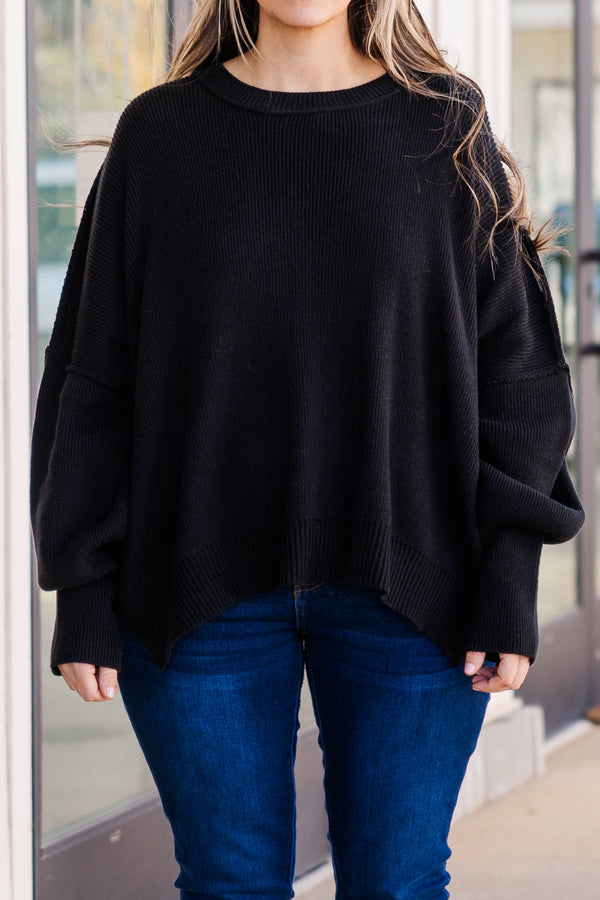 Chic Soul plus size clothing, black sweater regular length, longer on the sides chunky sweater with outward seamlines
