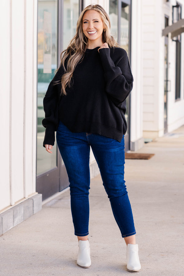 Chic Soul plus size clothing, black sweater regular length, longer on the sides chunky sweater with outward seamlines