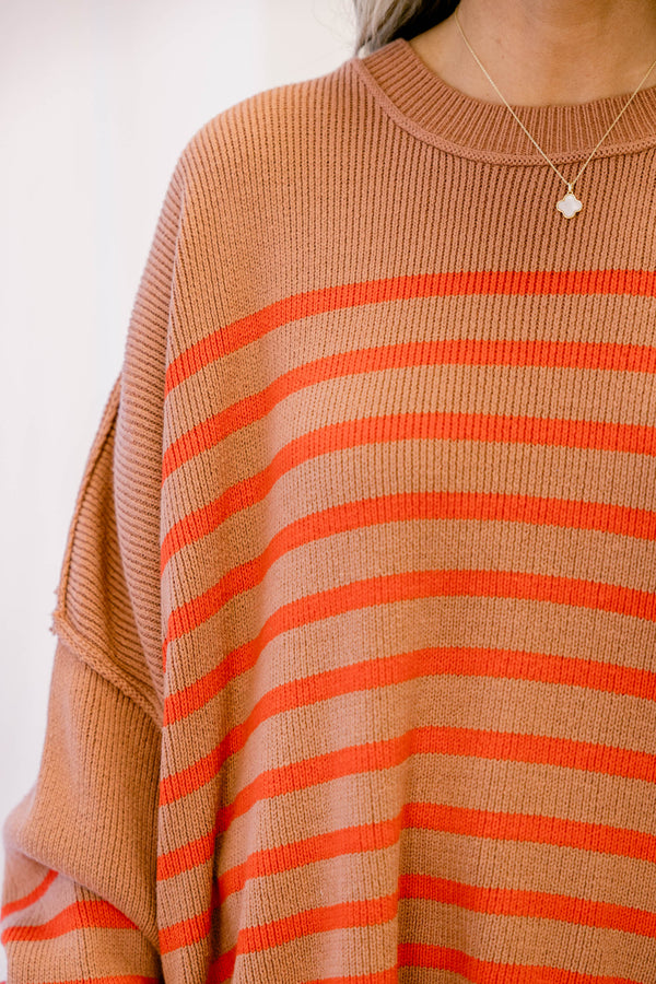 Chic Soul plus size clothing, light brown and red horizontal stripe long sleeve oversized crew neck sweater