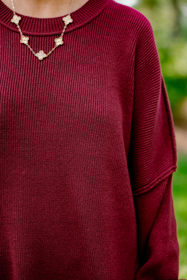 Chic Soul plus size clothing, crimson colored long sleeve sweater with a ribbed texture