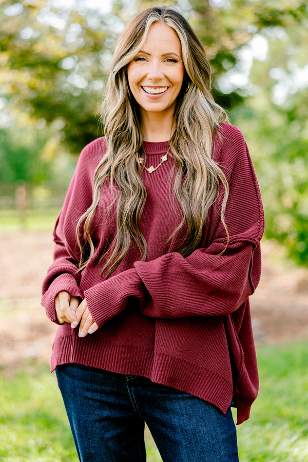 Chic Soul plus size clothing, crimson colored long sleeve sweater with a ribbed texture