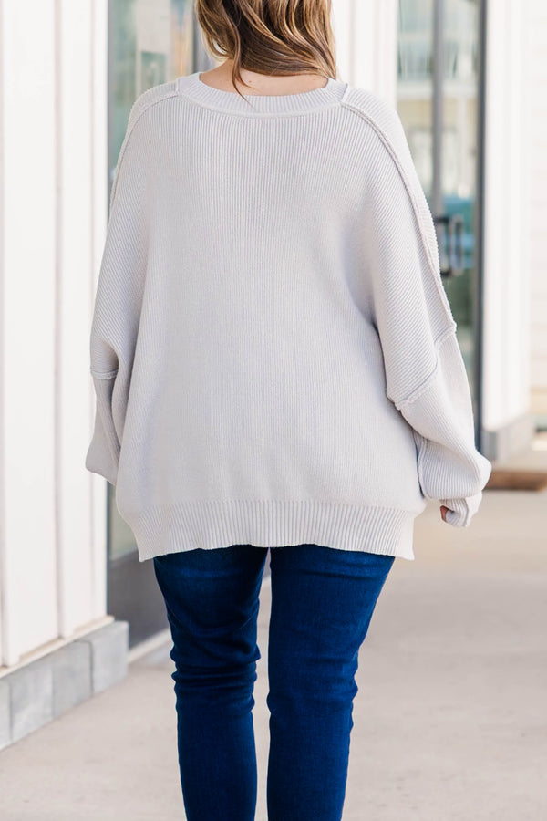 Chic Soul plus size clothing, light grey knitted sweater with bubble sleeves and seamline details