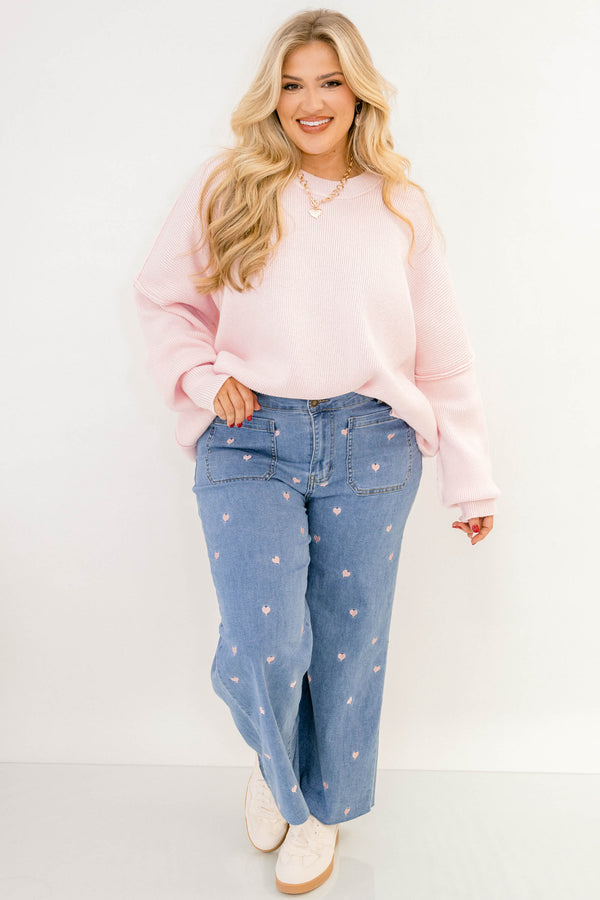 Chic Soul plus size clothing, light pink long sleeve crew neck oversized sweater