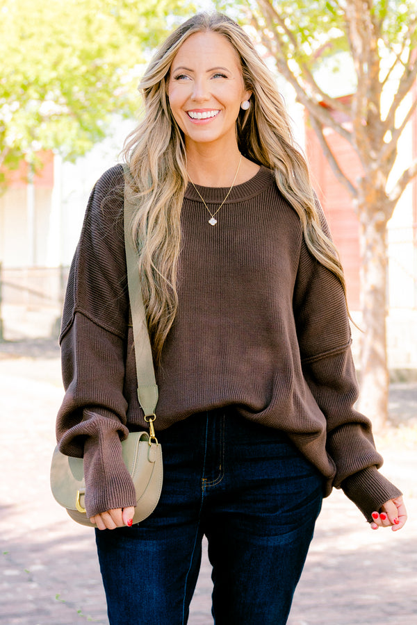 Chic Soul plus size clothing, Mocha long sleeve sweater with a high neck and stitching details on the sleeves