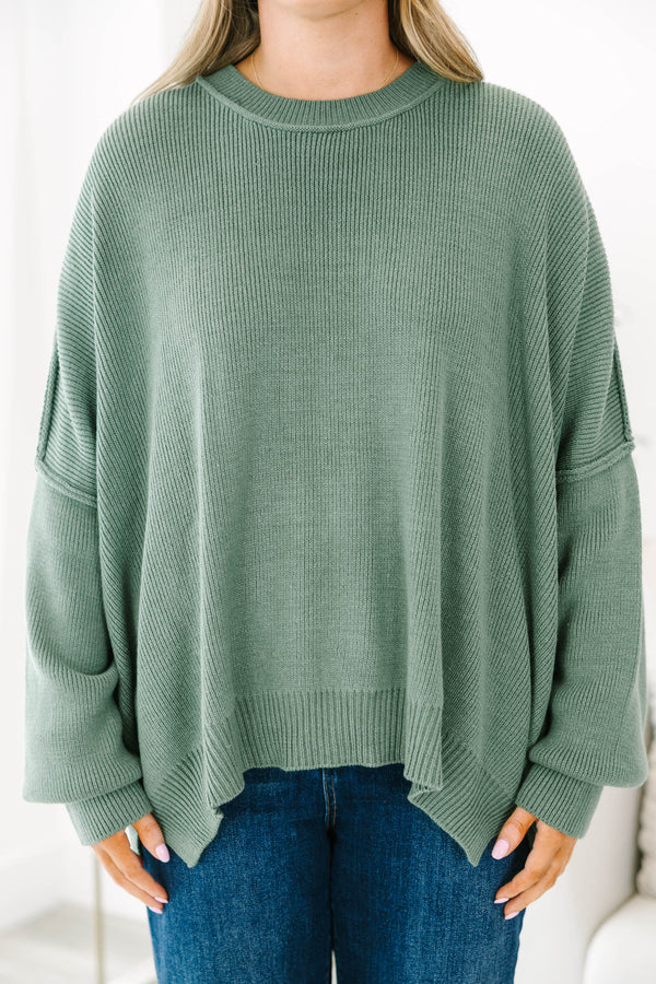 Chic Soul plus size clothing, olive colored sweater regular length, longer on the sides chunky sweater with outward seamlines