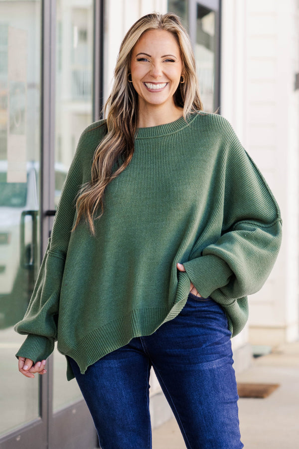 Chic Soul plus size clothing, olive colored sweater regular length, longer on the sides chunky sweater with outward seamlines