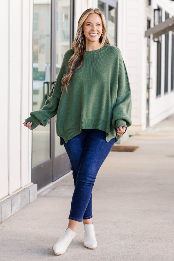 Chic Soul plus size clothing, olive colored sweater regular length, longer on the sides chunky sweater with outward seamlines