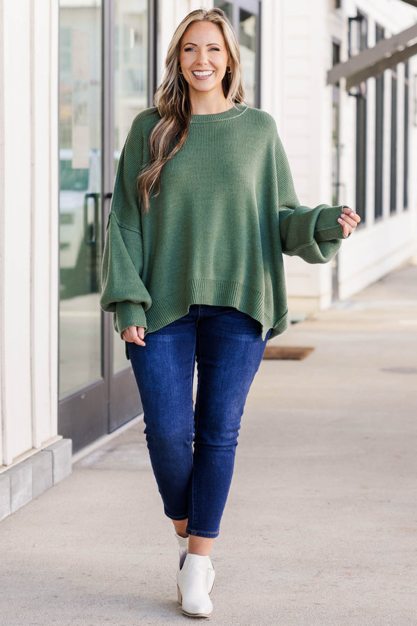 Chic Soul plus size clothing, olive colored sweater regular length, longer on the sides chunky sweater with outward seamlines