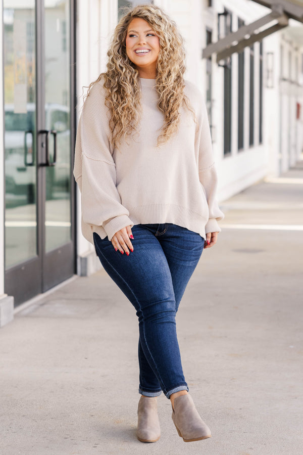 Chic Soul plus size clothing, taupe colored sweater regular length, longer on the sides chunky sweater with outward seamlines
