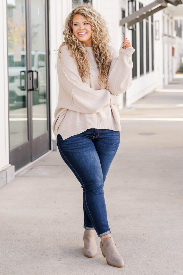 Chic Soul plus size clothing, taupe colored sweater regular length, longer on the sides chunky sweater with outward seamlines