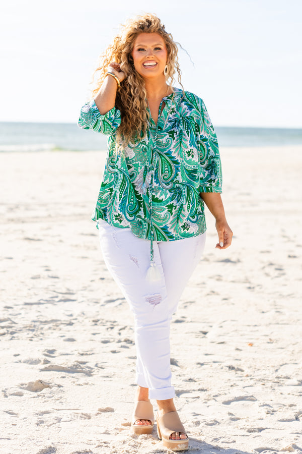 Chic Soul plus size clothing, green paisley print top with three quarter length sleeves