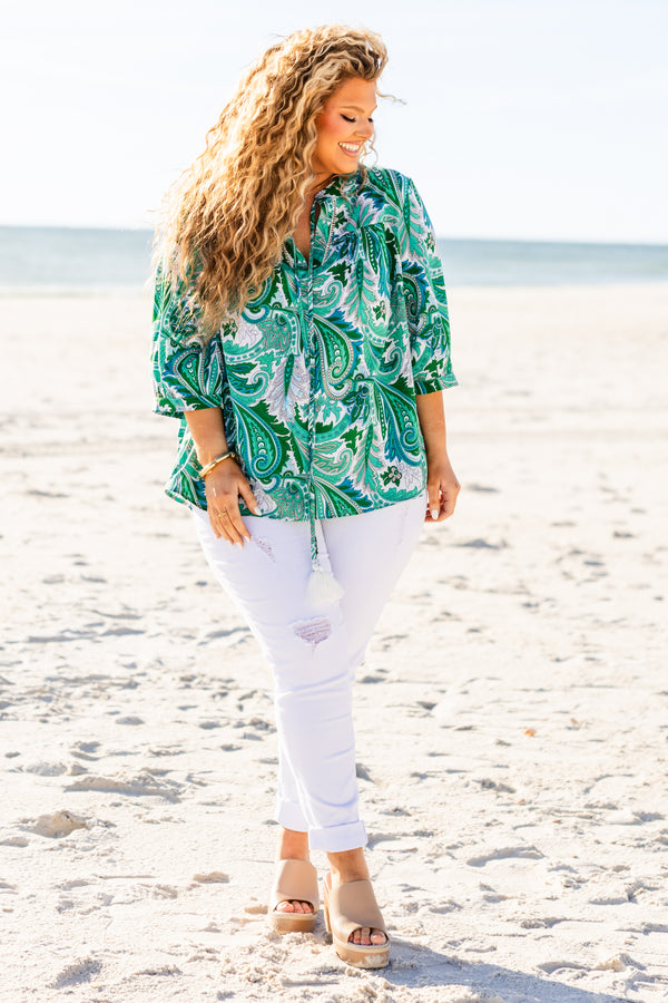 Chic Soul plus size clothing, green paisley print top with three quarter length sleeves