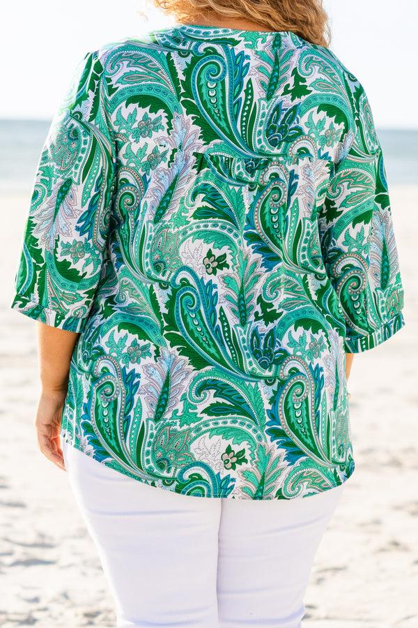 Chic Soul plus size clothing, green paisley print top with three quarter length sleeves