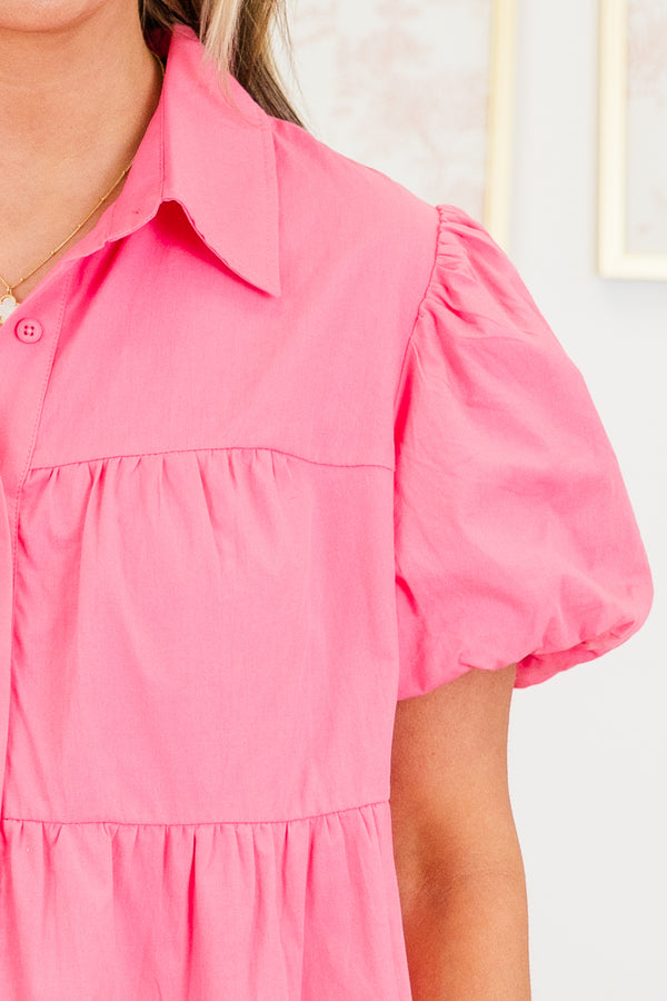 Chic Soul plus size clothing, short-puffed-sleeve pink ruffled buttoned collared babydoll top
