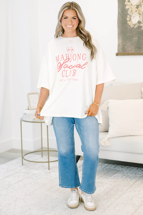 Plus size ivory Mahjong Social Club boyfriend tee with pink lettering