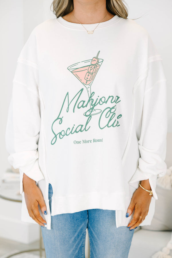 Plus Size ivory crewneck sweatshirt with a martini graphic and Mahjong Social Club text.