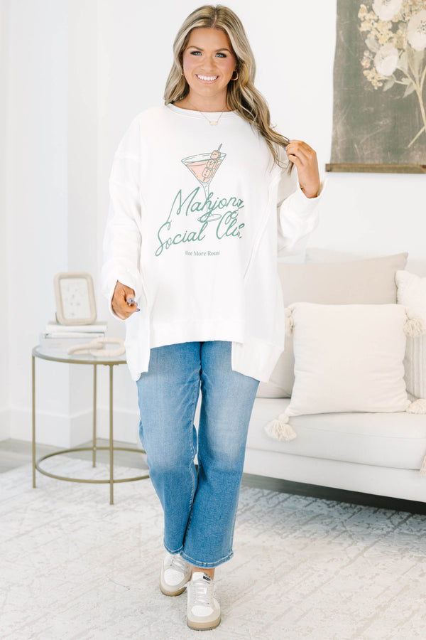 Plus Size ivory crewneck sweatshirt with a martini graphic and Mahjong Social Club text.