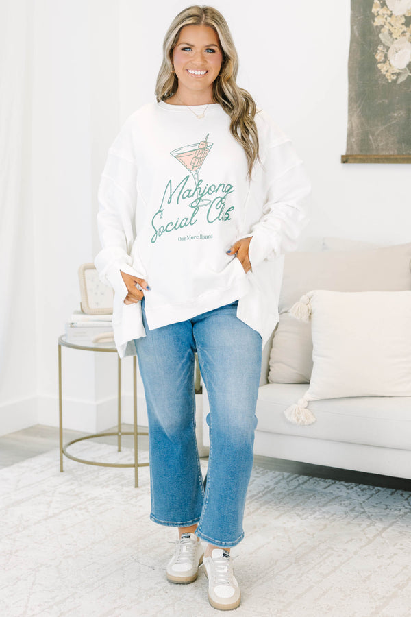 Plus Size ivory crewneck sweatshirt with a martini graphic and Mahjong Social Club text.