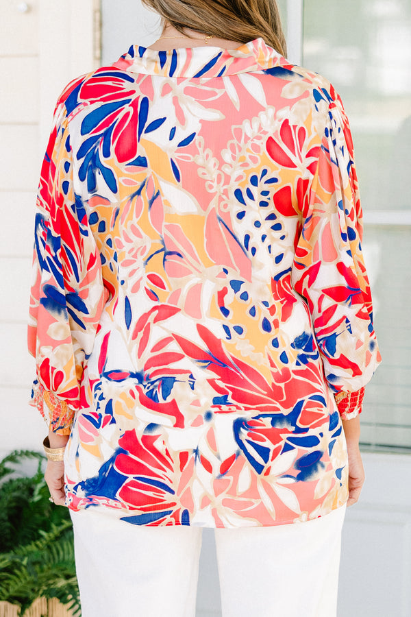 Chic Soul plus size clothing, orange blue peach floral mid sleeve top with v-neck 