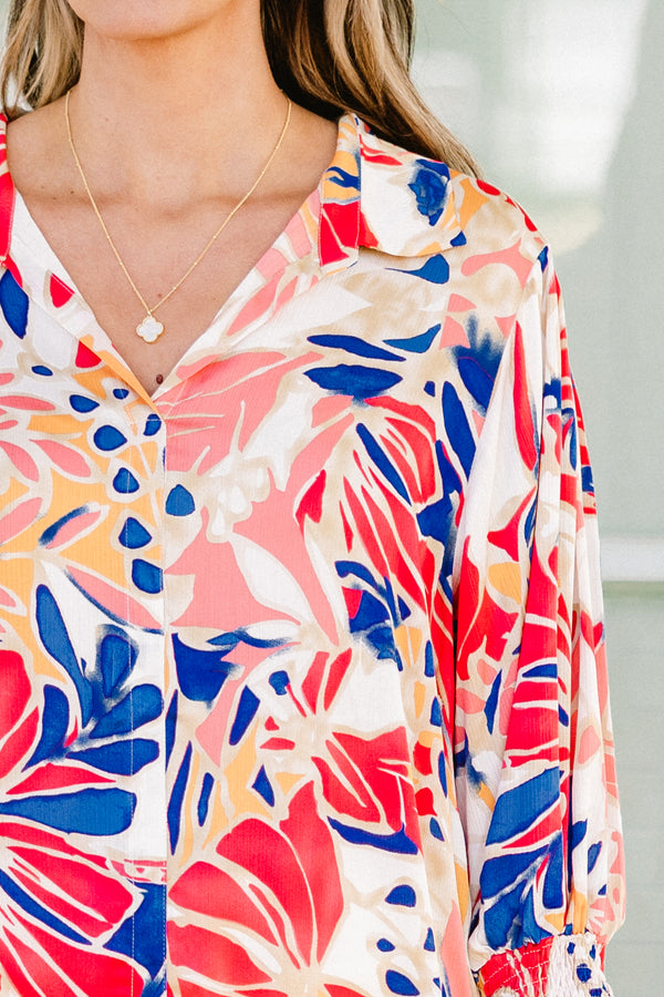Chic Soul plus size clothing, orange blue peach floral mid sleeve top with v-neck 